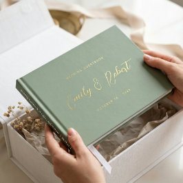 Zeitloses Gold Calligraphy Sage Green Wedding Foto Gästebuch