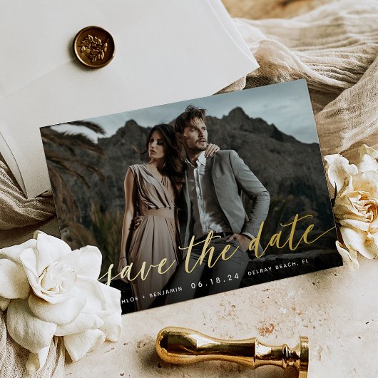 Zeitloses kalligrafisches Foto Save the Date Folieneinladung