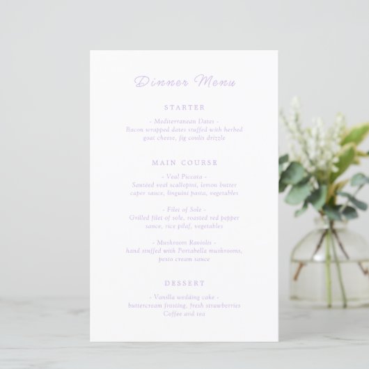 Zeitloses Lilac Classic Wedding Menu (Stehend Vorderseite)