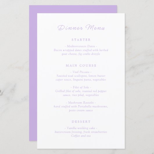 Zeitloses Lilac Classic Wedding Menu (Vorne/Hinten)