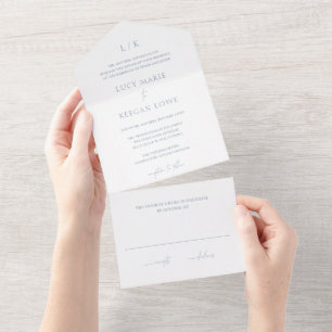 Zeitloses Monogramm Staubblau Elegante Hochzeit All In One Einladung