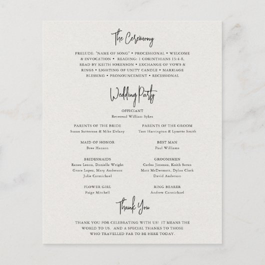 Zeitloses, neutrales Beige-Hochzeitsprogramm (Rückseite)