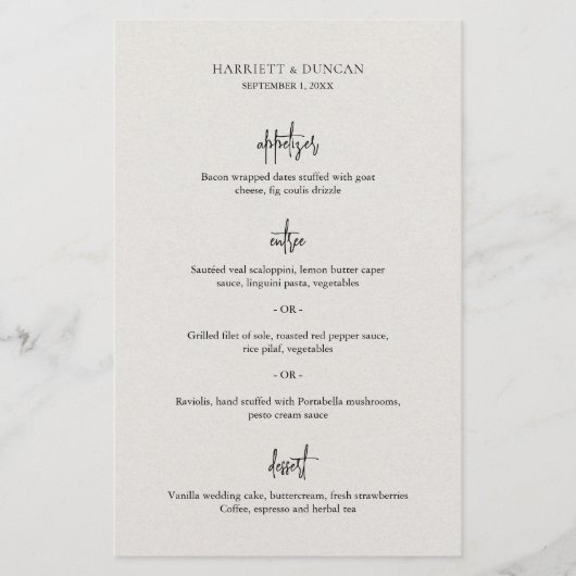 Zeitloses neutrales Beige-Menü für Hochzeiten (Vorderseite)