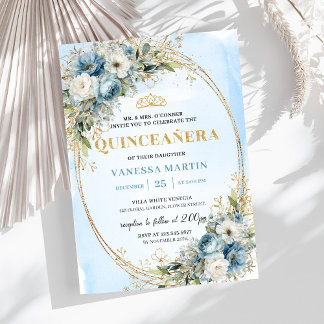 Zeitloses Pastellblau Gold Eukalyptus Quinceañera Einladung