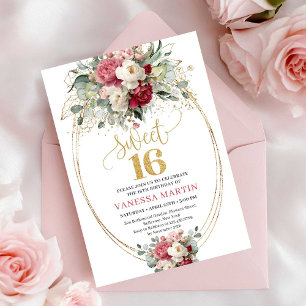 Zeitloses rotes Burgunder-Gold-Blumen-Sweet-16-Ein Einladung