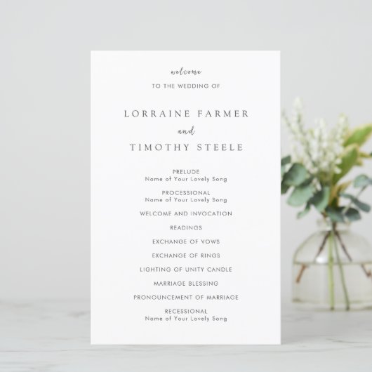 Zeitloses Schwarz-Weiß-elegantes Hochzeitsprogramm (Stehend Vorderseite)