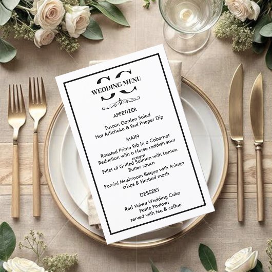 Zeitloses Schwarz-Weiß-Hochzeitmenü