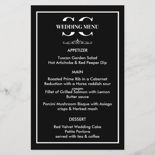 Zeitloses Schwarz-Weiß-Hochzeitmenü (Vorderseite)