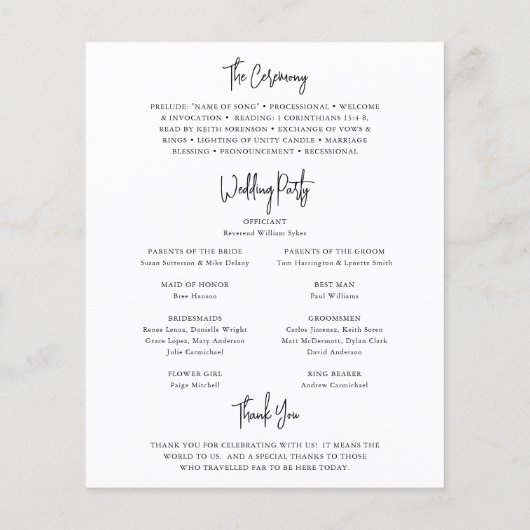 Zeitloses Schwarz-Weiß-Hochzeitsprogramm (Rückseite)