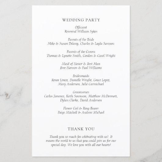 Zeitloses Schwarz-Weiß-Hochzeitsprogramm (Rückseite)