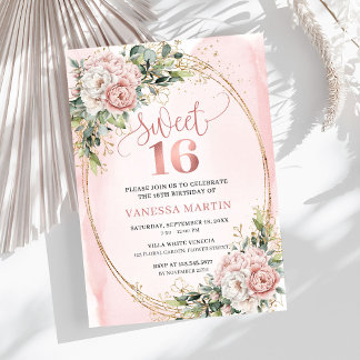Zeitloses Staubiges Rosa Florales Grün Sweet Sixte Einladung