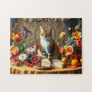 Zeitloses Stilleben mit Katze und Obst Puzzle