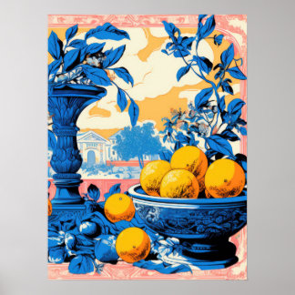 Zeitloses Stilleben mit Orangen und blauem Laub Poster