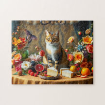Zeitloses Stillleben mit Katze und Produktion