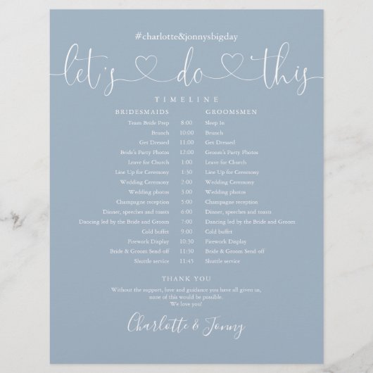 Zeitplan für die Hochzeit von Blue Heart Script (Vorderseite)