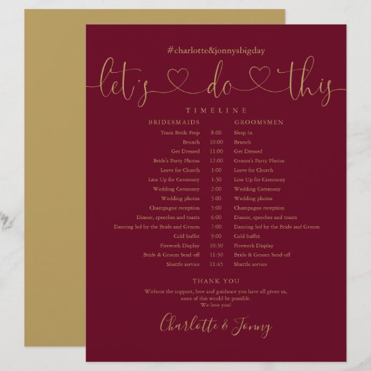 Zeitplan für die Hochzeit von Burgundy Gold Script (Vorne/Hinten)
