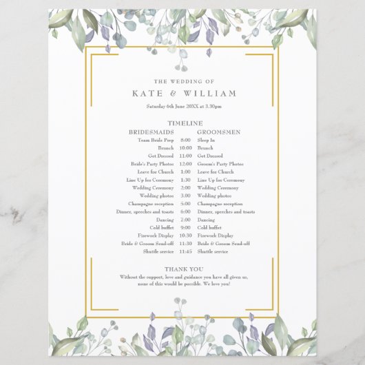 Zeitplan für die Hochzeit von Greenery Floral (Vorderseite)