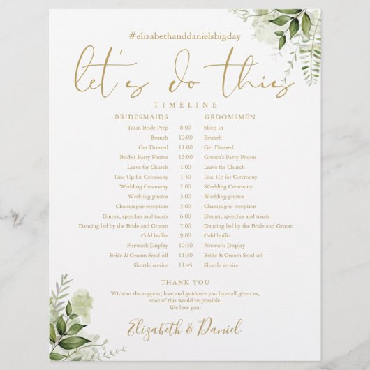 Zeitplan für die Hochzeit von Greenery Floral Gold (Vorderseite)