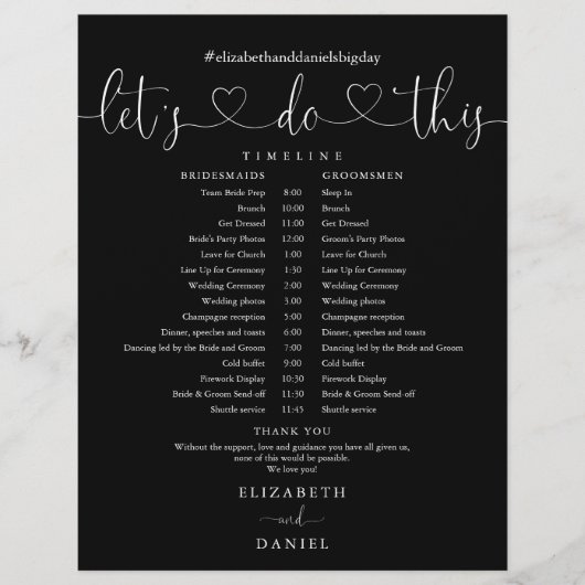 Zeitplan für die Hochzeit von Schwarzweiß-Skripten (Vorderseite)