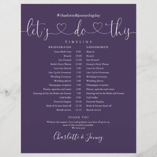 Zeitplan für Hochzeiten von lila Script-Herz (Vorderseite)