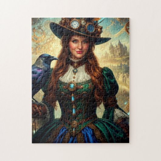 Zeitreisende Steampunk-Dame mit Krähe Puzzle (Vertikal)