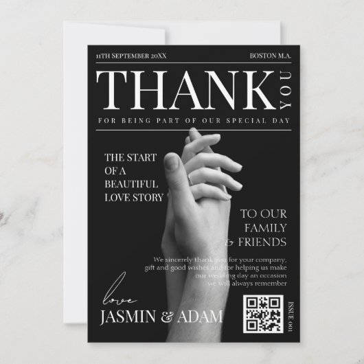 Zeitschrift Black Dark Mode Newspaper Foto Hochzei Dankeskarte (Vorderseite)