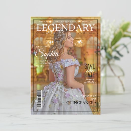 Zeitschrift Cover Quinceanera Save the Date Einladung (Stehend Vorderseite)