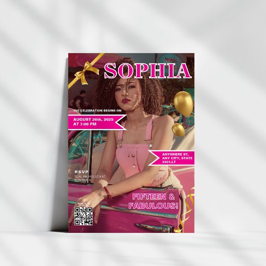 Zeitschrift "Rosa und Gold" Cover QR Code Quinceañ Einladung