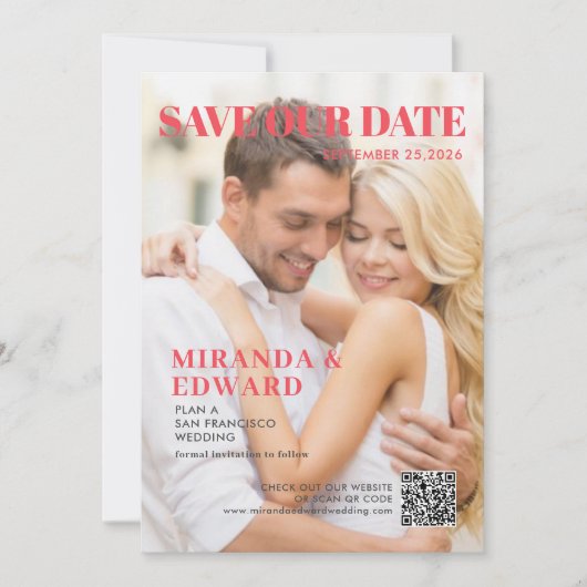 Zeitschriftenabdeckung Foto QR-Code Hochzeitssache Save The Date (Vorderseite)