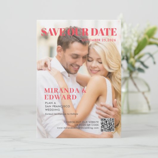 Zeitschriftenabdeckung Foto QR-Code Hochzeitssache Save The Date (Stehend Vorderseite)