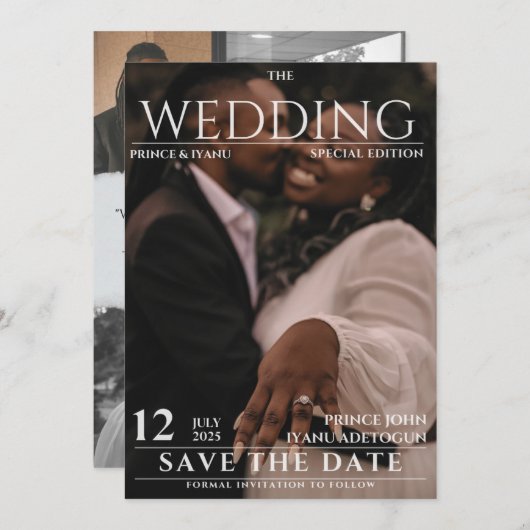 Zeitschriftenzeitschrift Hochzeit retten Datum Einladung (Vorne/Hinten)