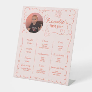 Zeitstrahl zum ersten Geburtstag des rosa Mädchens Sockelschild