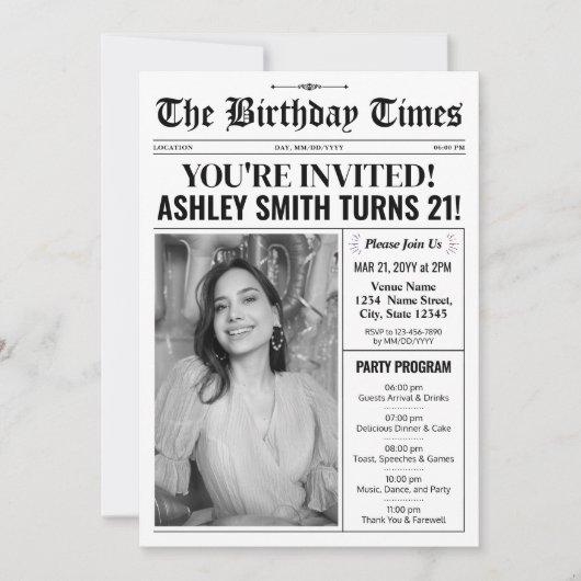 Zeitung 21. Geburtstag Einladung mit Programm (Vorderseite)