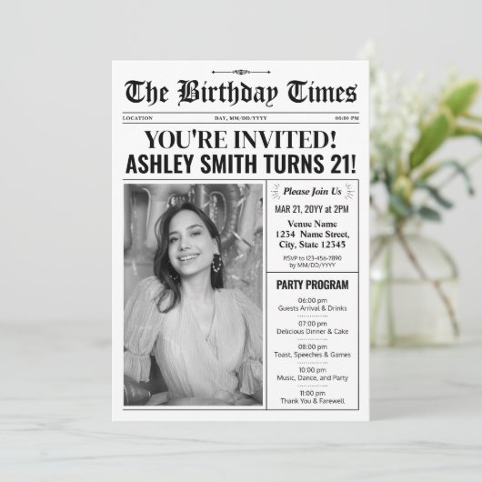 Zeitung 21. Geburtstag Einladung mit Programm (Stehend Vorderseite)