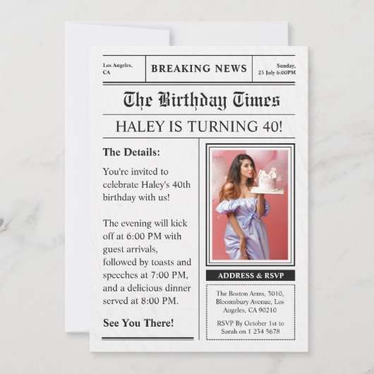 Zeitung 40. Geburtstag Funny Magazine Cover Foto Einladung (Vorderseite)