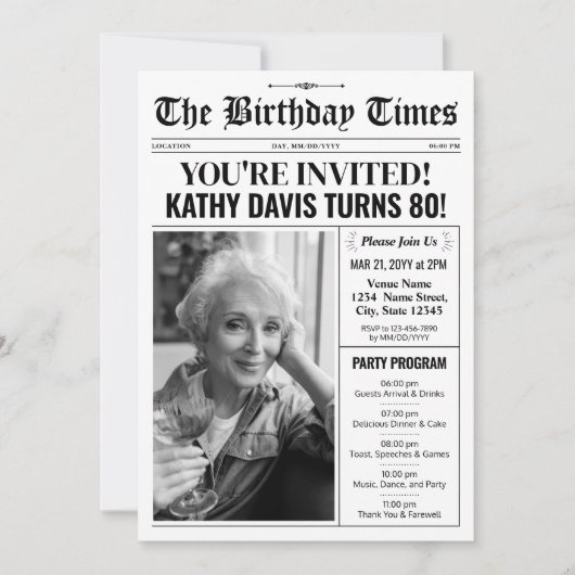 Zeitung 80. Geburtstag Einladungen mit Programm (Vorderseite)