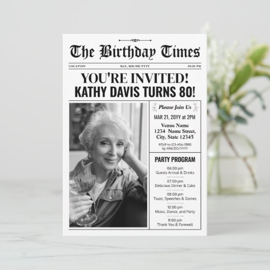 Zeitung 80. Geburtstag Einladungen mit Programm (Stehend Vorderseite)