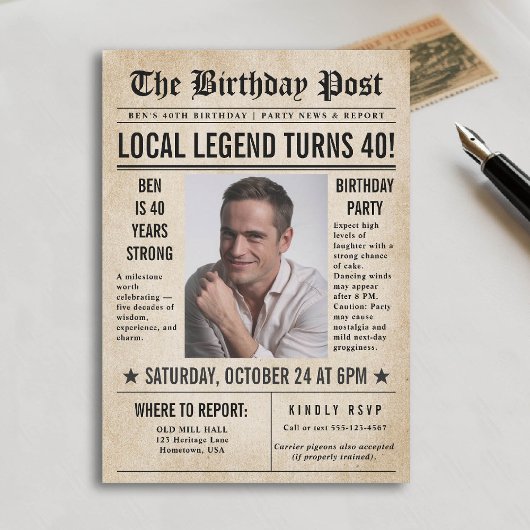 Zeitung Birthday News Funny Humors Men 40. Einladung