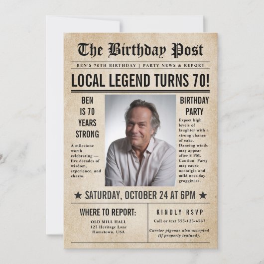 Zeitung Birthday News Funny Humors Men 70. Einladung (Vorderseite)