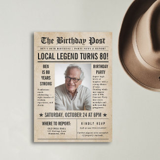 Zeitung Birthday News Funny Humors Men 80. Einladung