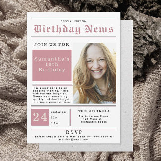 Zeitung Birthday News Pink Black Sweet 16 Foto Einladung