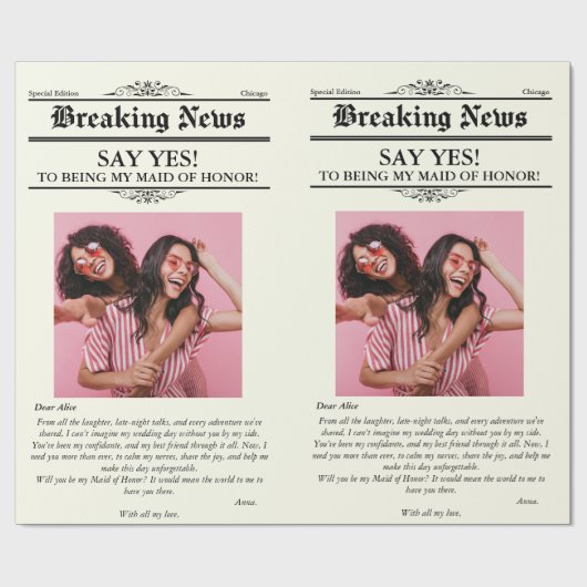 Zeitung Blume Wrap Foto Trauzeugin Geschenkpapier (Flach)