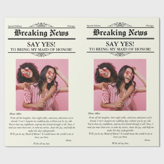 Zeitung Blume Wrap Foto Trauzeugin Geschenkpapier (Flach)