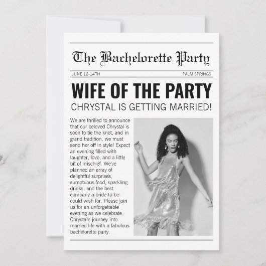 Zeitung Chic Bachelorette Wochenende Einladung (Vorderseite)