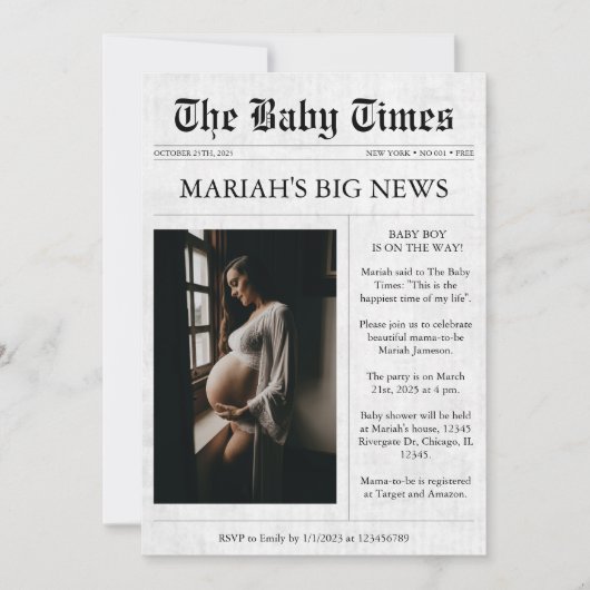 Zeitung Einzigartiges Foto Ästhetische Babydusche Einladung (Vorderseite)