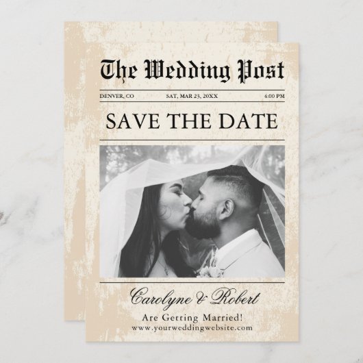 Zeitung Einzigartiges Foto Save the Date Hochzeit Einladung (Vorne/Hinten)