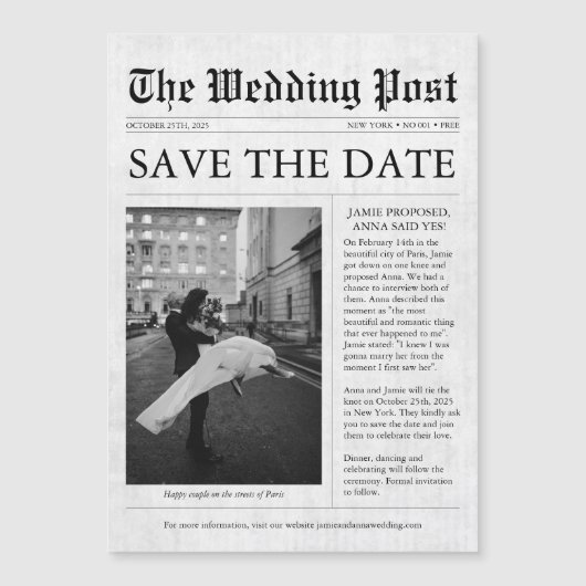 Zeitung Einzigartiges Foto Save the Date Hochzeit Magneteinladung (Vorderseite)