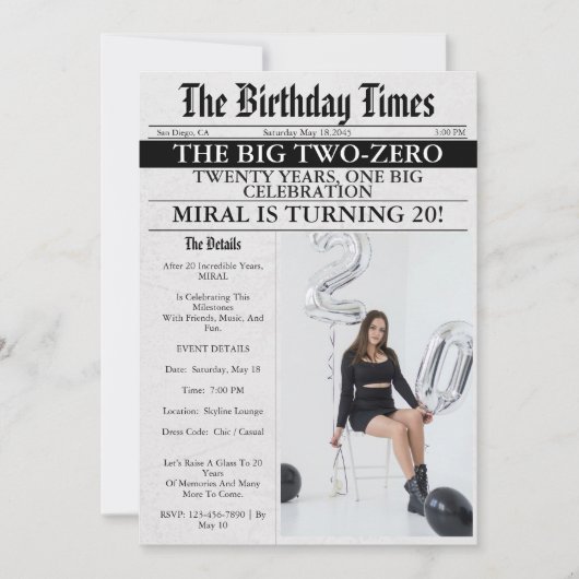 Zeitung Einzigartiges Spaß Foto Mädchen 20. Geburt Einladung (Vorderseite)