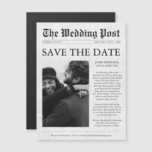 Zeitung Einziges Foto Funny Save the Date Magnet (Vorne/Hinten)