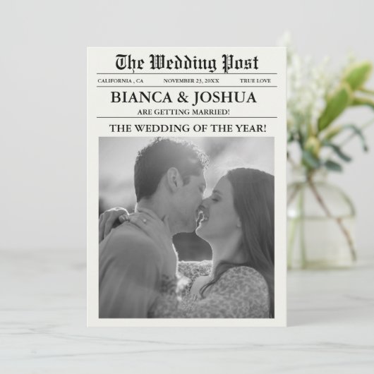 Zeitung Einziges Foto Hochzeitsfeier Timeline Einladung (Stehend Vorderseite)